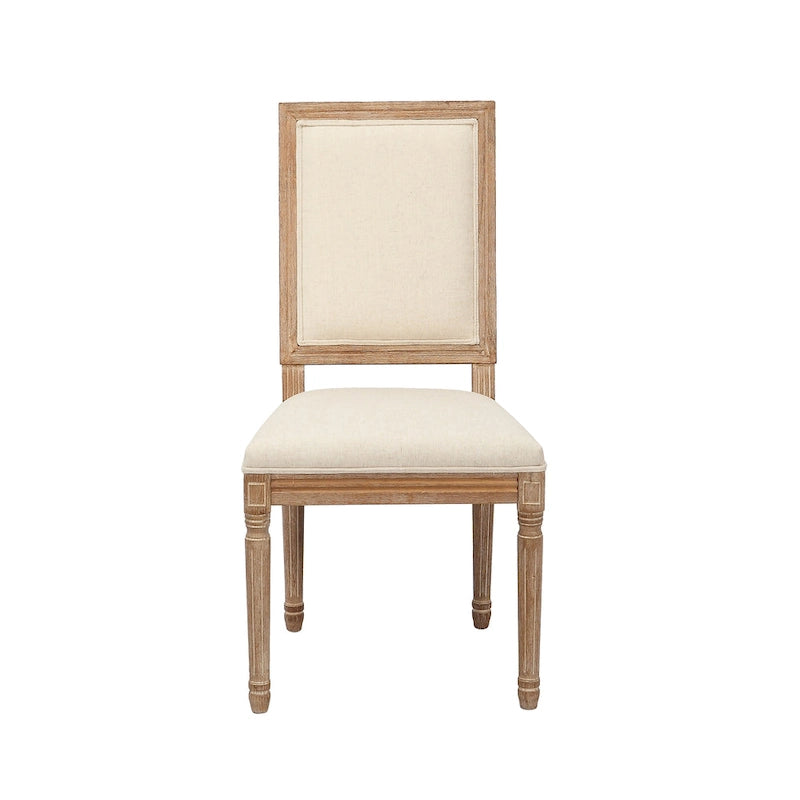 Sedie da pranzo in stile rustico, set da 2 - Schienale rettangolare, rivestimento in lino, struttura in legno di olmo anticato