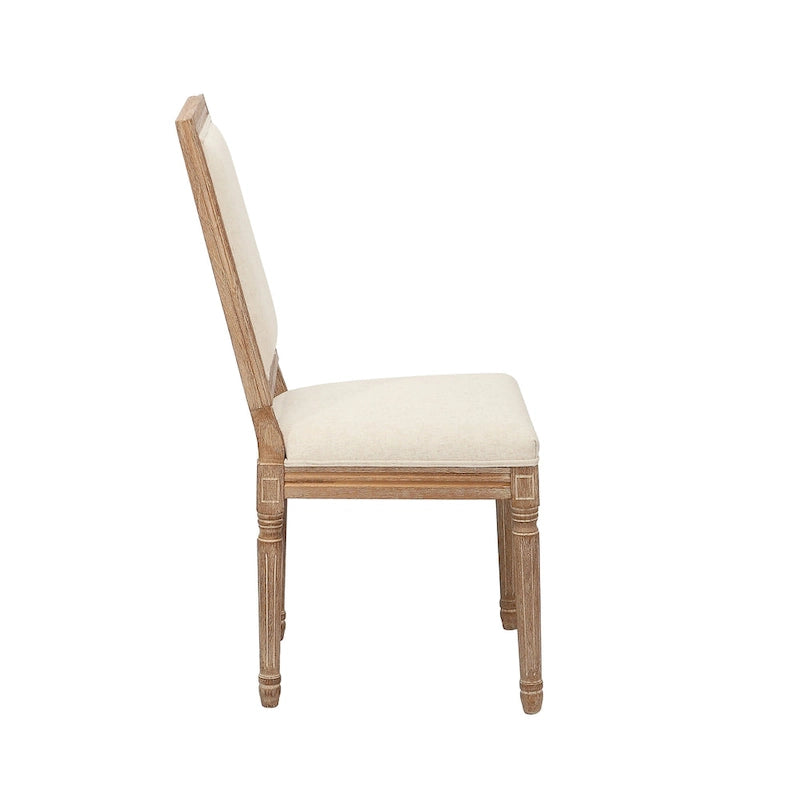 Sedie da pranzo in stile rustico, set da 2 - Schienale rettangolare, rivestimento in lino, struttura in legno di olmo anticato