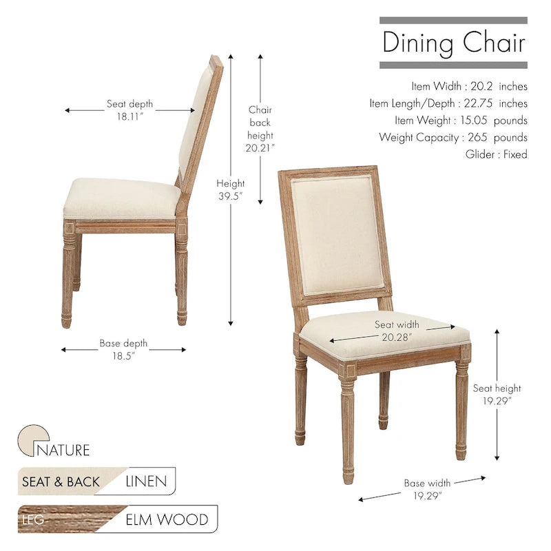 Sedie da pranzo in stile rustico, set da 2 - Schienale rettangolare, rivestimento in lino, struttura in legno di olmo anticato