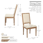 Sedie da pranzo in stile rustico, set da 2 - Schienale rettangolare, rivestimento in lino, struttura in legno di olmo anticato