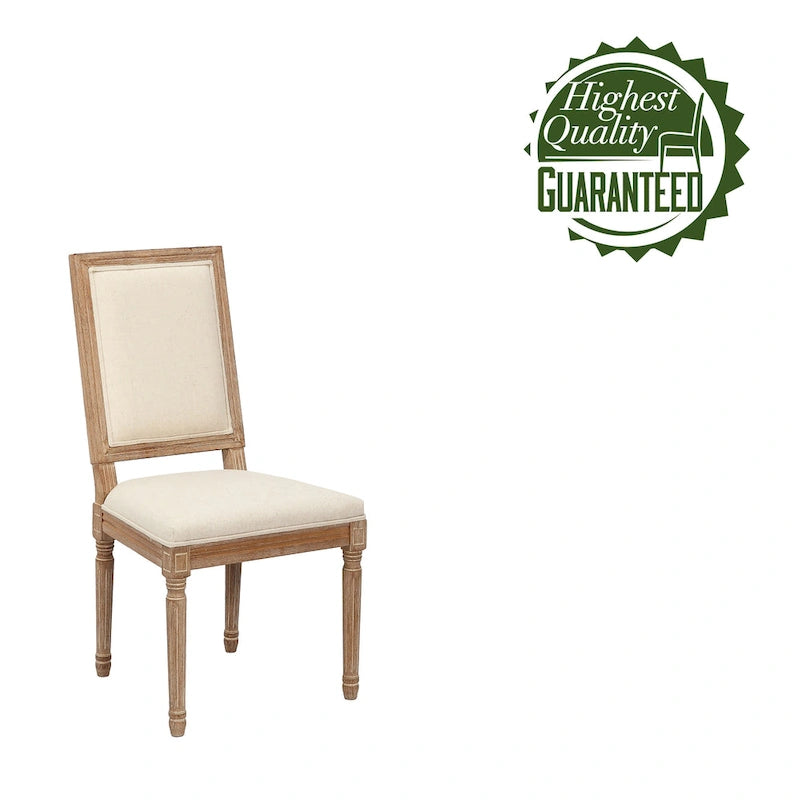 Sedie da pranzo in stile rustico, set da 2 - Schienale rettangolare, rivestimento in lino, struttura in legno di olmo anticato
