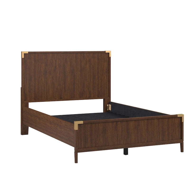 Letto a piattaforma "Military Campaign" a basso profilo con staffe decorative dorate