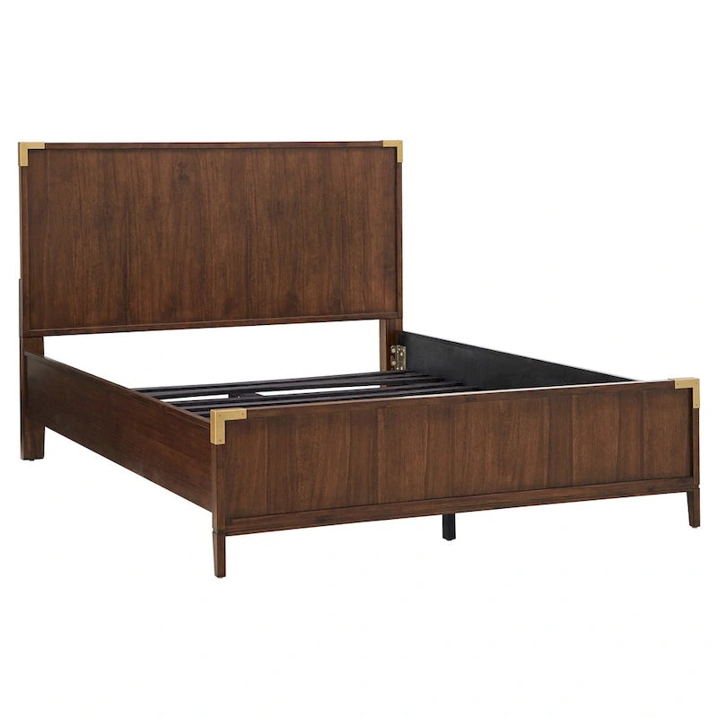 Letto a piattaforma "Military Campaign" a basso profilo con staffe decorative dorate