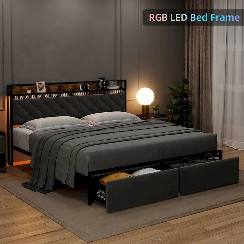 Struttura letto con testiera a LED RGB e 2 cassetti portaoggetti