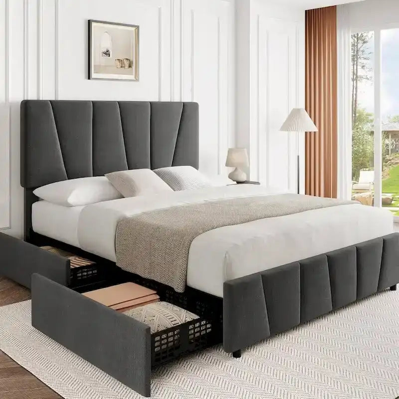 Struttura letto imbottita con testiera e 4 cassetti contenitore