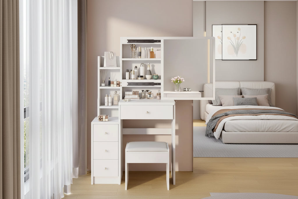 Makeup Vanity Desk Set with Sliding Mirror and Cushioned Stool