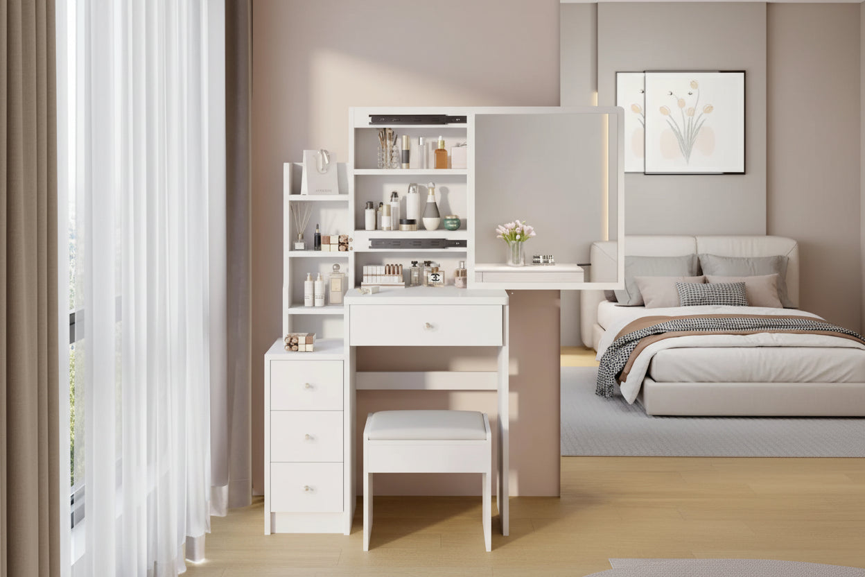Makeup Vanity Desk Set with Sliding Mirror and Cushioned Stool