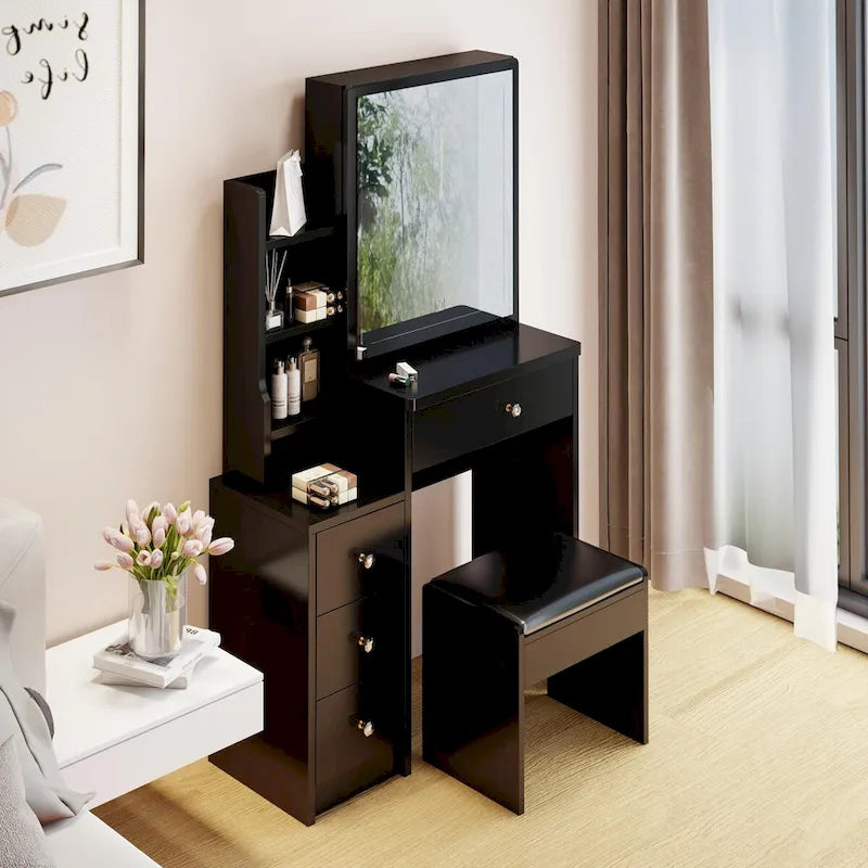 Set Scrivania Toeletta da Trucco con Specchio Scorrevole e Sgabello Imbottito