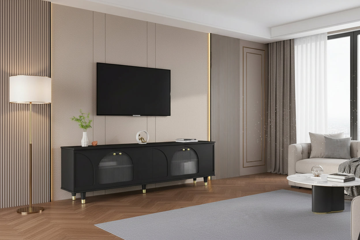 Stylish Media Console with Gold Handles and Arch Fluted Glass Doors
