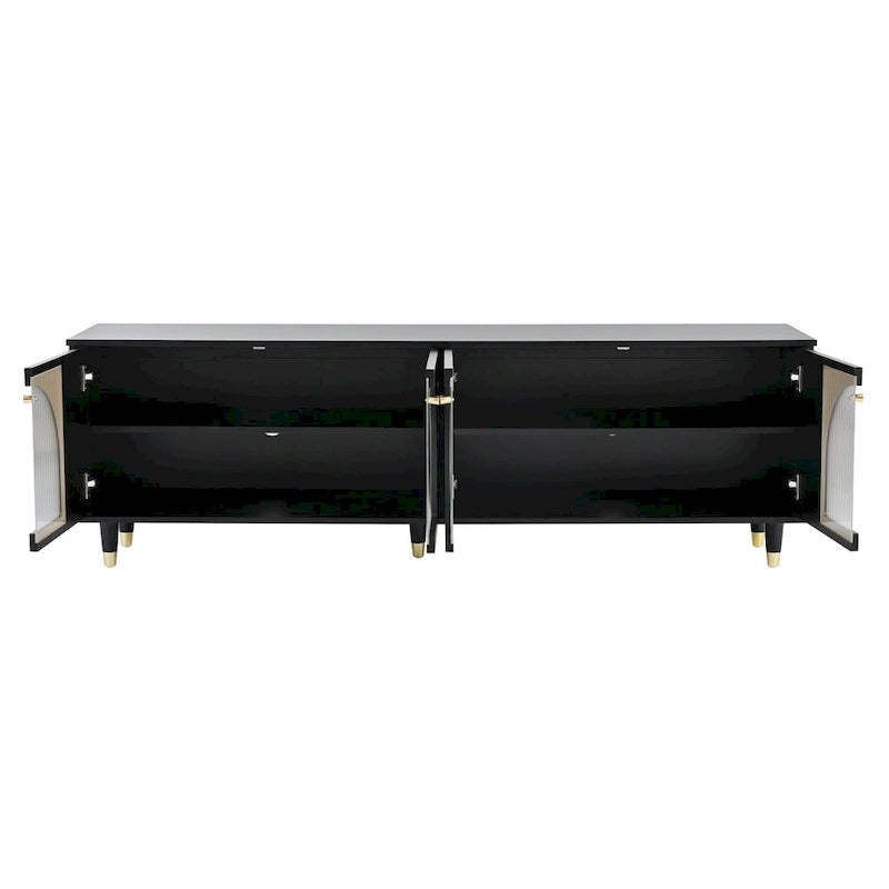 Elegante consolle multimediale con maniglie dorate e ante in vetro a coste ad arco