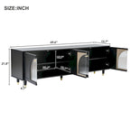 Elegante consolle multimediale con maniglie dorate e ante in vetro a coste ad arco