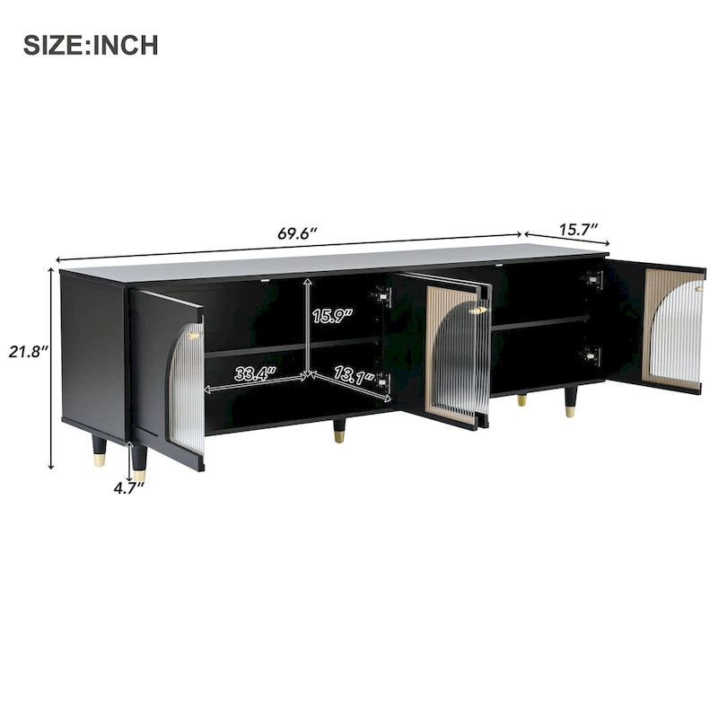 Elegante consolle multimediale con maniglie dorate e ante in vetro a coste ad arco