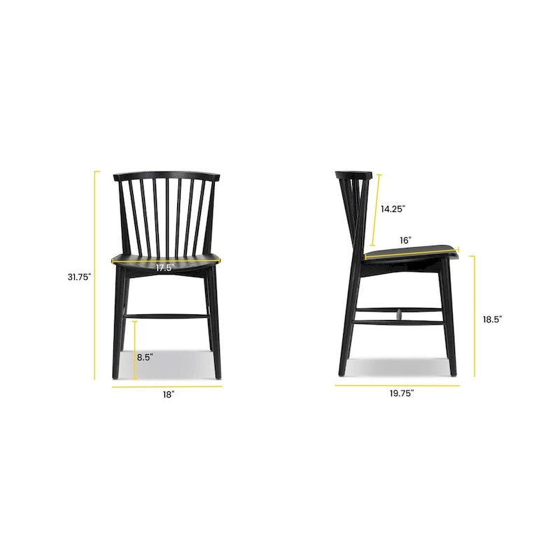 Sedia da pranzo Mid-Century con schienale a fusi e struttura in legno massello - Rovere, Noce o Nero