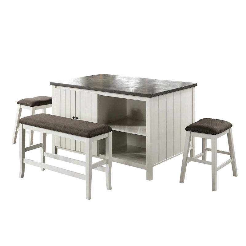 Set da pranzo da 4 pezzi in legno bianco sporco transizionale altezza bancone con spazio contenitore